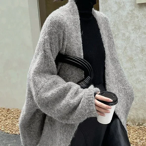 Grey Casual Womens Solid Open Front Batwing Sleeve Cardigan - Picture 3 of 4